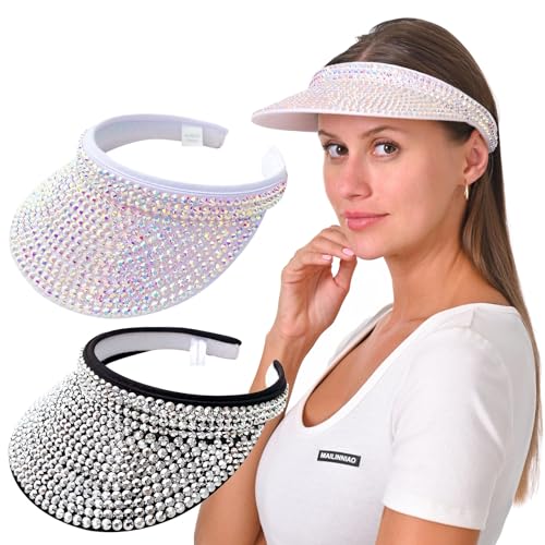 2 Pack Sparkly Rhinestone Clip on Visor Hats Women Men Sun Visors Hat Crystal Studded Shiny Sports Golf Beach Tennis Caps - color: Sliver+light Pink