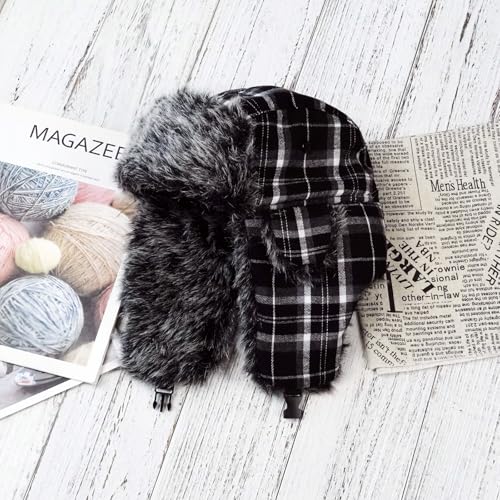 ONWAY Trapper Hat Winter Hats for Women Men with Faux Fur Ear Flaps - color: Blackplaid