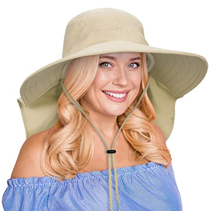 Tirrina Women's Sun Hat Wide Brim, UV Protection Sun Hats for Women - color: Tan W/ Floral Ribbon