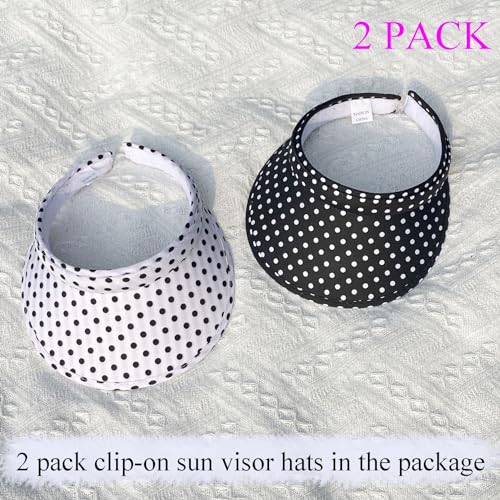 2 Pack Sun Visor Hats Women Men Clip On Wide Brim Visors Hat Outdoor Sports Golf Beach Travel Tennis Caps - color: White Polka Dot on Black