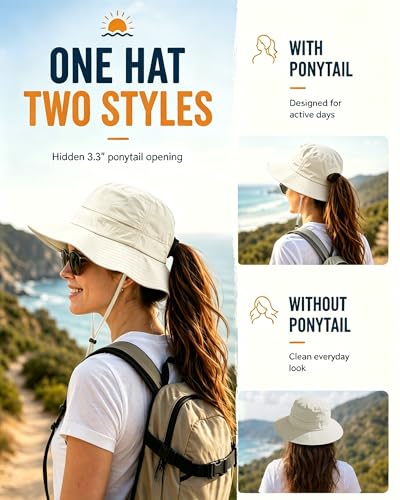 Womens Ponytail Sun Hat UPF50+ Waterproof Bucket Hat Packable Beach Hat - color: Begie