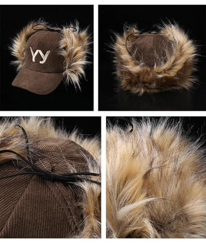 URAWOW Faux Fur Baseball Cap Women Winter Fall Grunge Aespa NINGNING Same Style Trapper Hat Plush Retro Fashion Ear Warmer - color: Military Green B