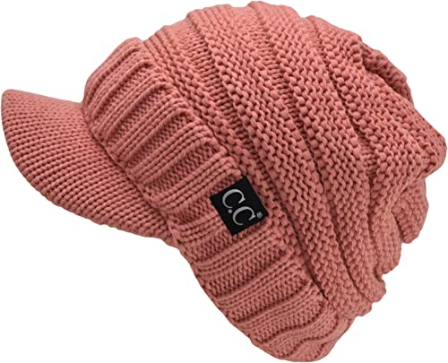 C.C Trendy Warm Oversized Chunky Soft Oversized Ribbed Slouchy Knit Hat with Visor Brim - color: Salmon Pink