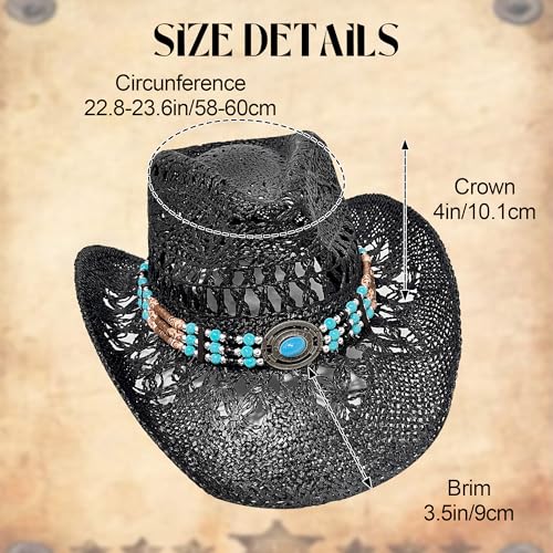 Carnavalife Straw Cowboy Hat for Women and Men, Western Cowgirl Hat with Turquoise Beaded Band for Rodeos and Festivals - color: Black, size: 7 1/4