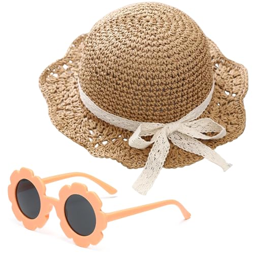 Girls Straw Hat with Flower Round Sunglasses, Summer Foldable Large Brim Sunflower Bowknot Beach Toddler Straw Sun Hat, 2-6T - color: Khaki-bow