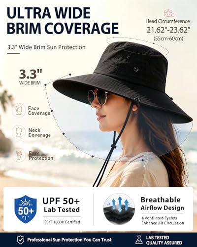 Wide Brim Waterproof Bucket Rain Hat for Women Men UPF50+ Cowboy Sun Hat - color: Black