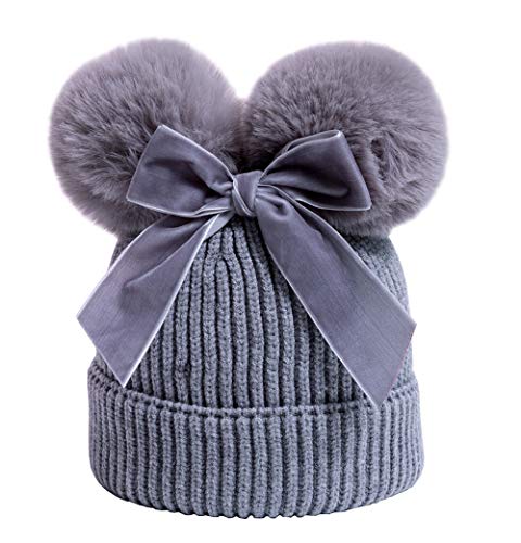 YATEEN Infant Toddler Baby Knitting Woolen Hat Winter Warm Double Pompom Beanie Cap with Bow - color: Gray
