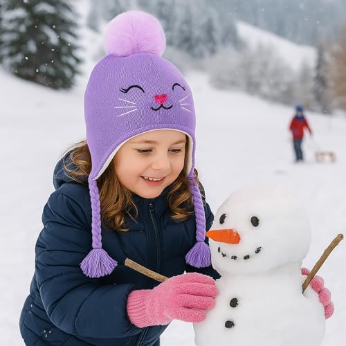 Toddler Girls Cat Ear Winter Hat Warm Knit Beanie Kids Earflap Cap for Cold Weather - color: Z - Pompom Style Hot Pink