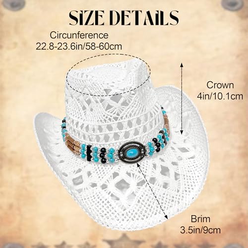 Carnavalife Straw Cowboy Hat for Women and Men, Western Cowgirl Hat with Turquoise Beaded Band for Rodeos and Festivals - color: White, size: 7 1/2