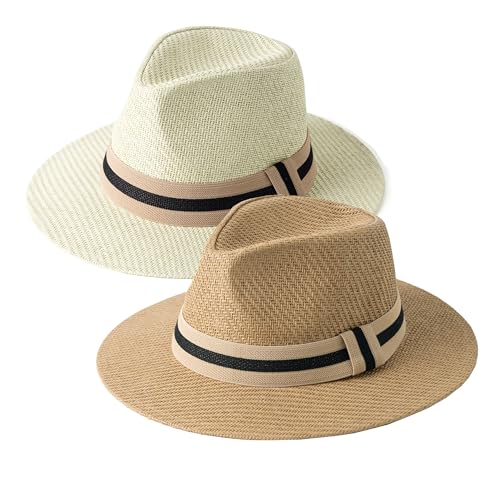Mens Wide Brim Summer Straw Fedora Beach Sun Hats Panama - color: 2pack Set F