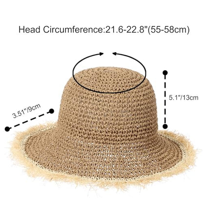 LA CARRIE Womens Sun Hat Floppy Packable Wide Brim UV Protection UPF 50+ Straw Hat with Fringe for Summer Beach - color: Khaki