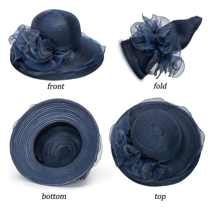 Women Kentucky Organza Derby Hat - Wide Brim Summer Sun Hat for Bridal Wedding Church Tea Party - color: Blue