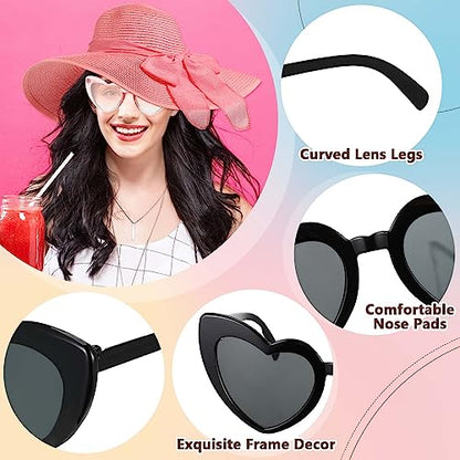 Jeyiour 12 Pcs Women Floppy Sun Hat and Heart Sunglasses Set, Wide Brim Straw Hats with Bow, Tea Party & Beach Pool Favors - color: Multicolor, style: Glitter