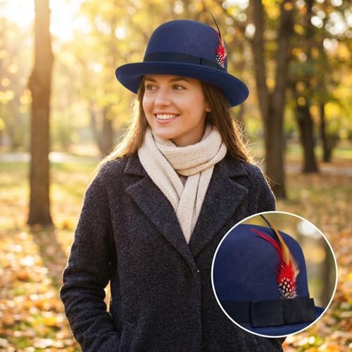 Classic Fedora Hat with Feather, Dome Hard Bowler Cap - color: Navy Blue