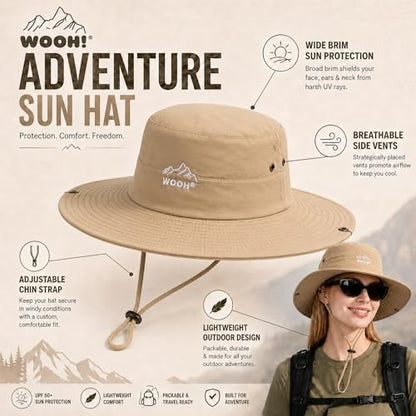 WOOH Sun Hats for Women,UPF80+ Wide Brim Foldable Bucket Hat with Adjustable Chin Strap,Summer Hat for Beach Hiking Gardening - color: Khaki