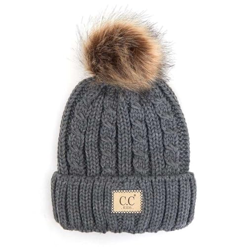 C.C Kids' Suede Patch Snuggly Soft Warm Knit Pom Cuff Beanie - color: Cable Knit Faux Fur, Light Melange Gray