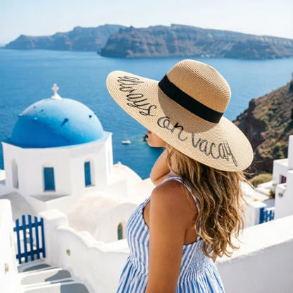 DRESHOW Big Straw Sun Hats for Women Floppy Foldable Roll up Beach Cap Sun Hat UPF 50+ Vacation Honeymoon Embroidered Hat - color: Ae Always on Vacay: Khakiv