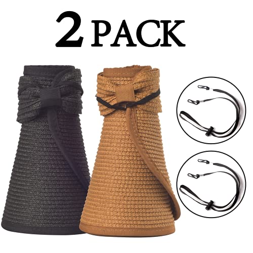 Women Sun Visors Foldable Straw Hats Summer Beach Packable Hat Floppy Wide Brim Cap Deep Style, Adjustable Size - color: Black+khaki