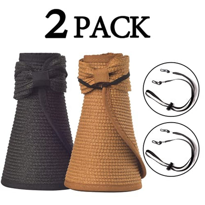 Women Sun Visors Foldable Straw Hats Summer Beach Packable Hat Floppy Wide Brim Cap Deep Style, Adjustable Size - color: Black+khaki