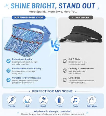 Shiny Women's Bling Rhinestone Visor Sun Protection for Tennis Golf Beach - color: Lightblueabcolorf