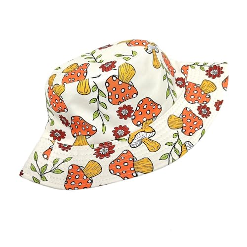 Printed Bucket Hat - Reversible Packable Summer Travel Beach Sun Cap for Men Women Teens - color: Beige Mushroom