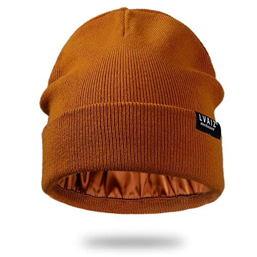 Satin Lined Winter Beanie Hats for Women Men Cotton Knitted Cuffed Knit Hat - color: Brown