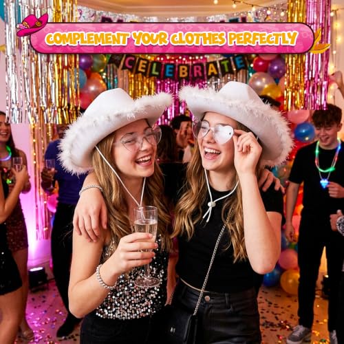 4E's Novelty Cowboy Hat with feathers With Heart Shaped Sunglasses for Women, Felt Cowgirl Hat for Party Costume Dress Up - color: White