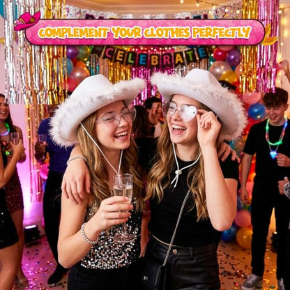 4E's Novelty Cowboy Hat with feathers With Heart Shaped Sunglasses for Women, Felt Cowgirl Hat for Party Costume Dress Up - color: White