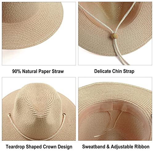 Women Straw Fedora Hat Summer Panama Beach Sun Hats UV UPF50+ Cap - color: Beige