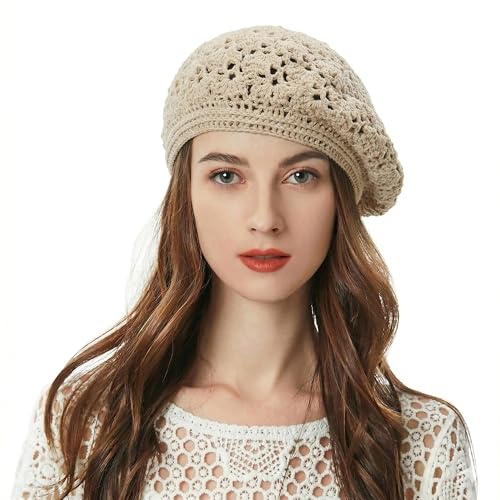 ZLYC Women Cotton Slouchy Crochet Beret Handmade Cutout Floral Beanie Hat - color: Crochet Beige