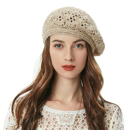 ZLYC Women Cotton Slouchy Crochet Beret Handmade Cutout Floral Beanie Hat - color: Crochet Beige