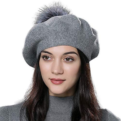 Womens Winter Beret Hat Knitted Beanie Cap Autumn Winter Hat French Classic Beret - color: D.grey With Silver Fox Fur Pompom