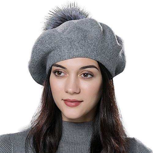 Womens Winter Beret Hat Knitted Beanie Cap Autumn Winter Hat French Classic Beret - color: D.grey With Silver Fox Fur Pompom