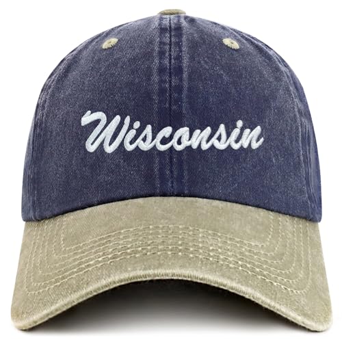 Trendy Apparel Shop Wisconsin State Embroidered Low Profile Adjustable Cotton Cap - color: Navy Khaki