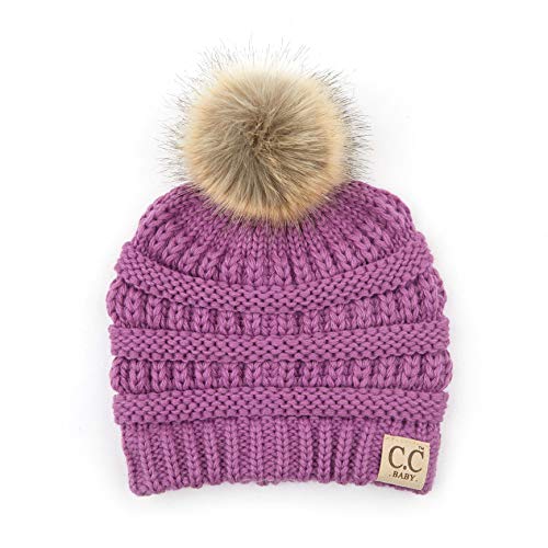 Funky Junque Baby Pom Pom Beanie – Soft Knit Infant Winter Hat for Baby Girls & Boys, Cozy Warm Newborn Beanie 0–12 Months - color: Lavender - Faux Fur Pom