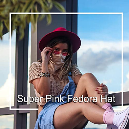 Women Men Wide Brim Fedoran Hat with Chain Belt Buckle - color: Rose Red