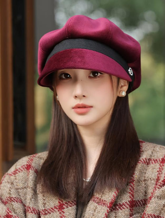 URAWOW Newsboy Cap for Women with Visor Fall Beret Hats for Women Ladies Slouchy Fashion Accessories Classic Casual - color: Style B-wine Red
