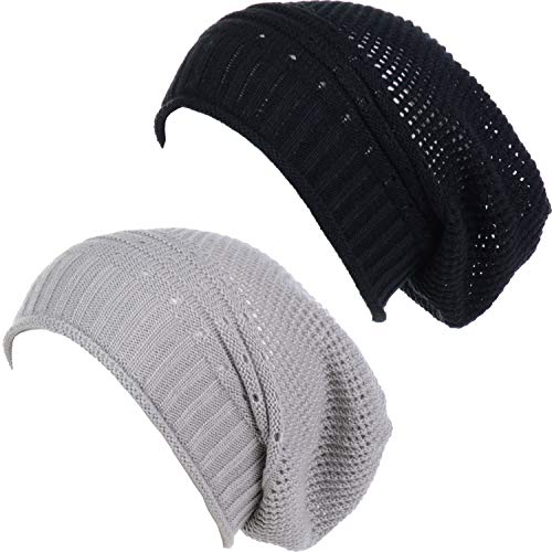BYOS Women's Airy Cool Lightweight Cutout Long Slouchy Crochet Knit Beanie Hat - color: 2 Pack-net Lt.gray & Bk