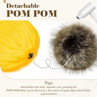 Satin Lined Beanie for Women with Detachable Pom Pom, Winter Cuffed Hat - color: Yellow