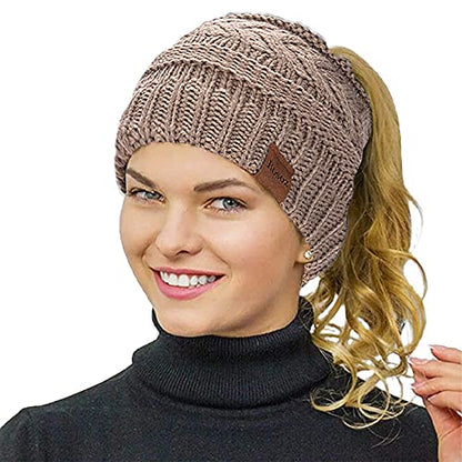 Rosoz 2 Pack Ponytail Beanie for Women,Winter Warm Beanie Tail Soft Stretch Cable Knit Messy High Bun Hat - color: 1pack-khaki