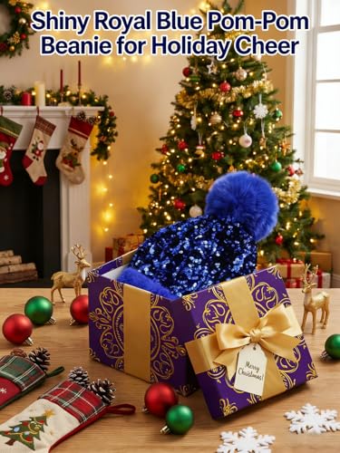 Women Sparkly Sequins Knitted Beanie Hat Warm Winter Skull Cap with Faux Fur Pom Pom - color: Blue