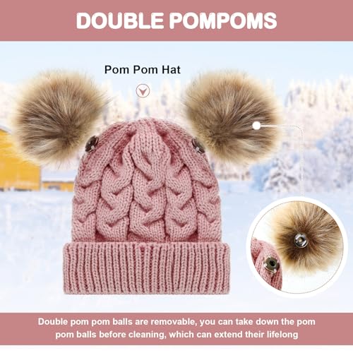 Geyoga 3 Pcs Winter Baby Beanies Double Pompom - color: Black, Light Pink, Khaki