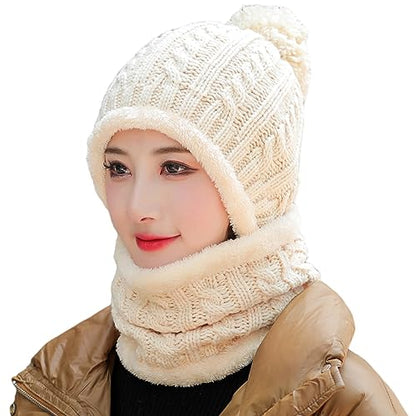 HUAMULAN Women Winter Knit Beanie Hats One Piece Fleece Lined Balaclavas - color: Beige