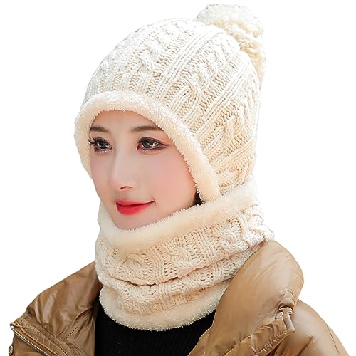 HUAMULAN Women Winter Knit Beanie Hats One Piece Fleece Lined Balaclavas - color: Beige