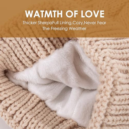 Women's Winter Hat Soft Knit Beanie with Faux Fur Pom Hat with Warm Fleece Lining Skull Cap for Women - color: Light Green