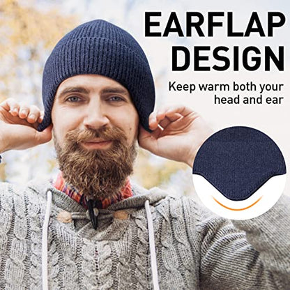 Arcweg Beanie with Earflap for Men Women Winter Warm Thermal Hats Stocking Cap Toboggan Outdoor Hat - color: Navy Blue