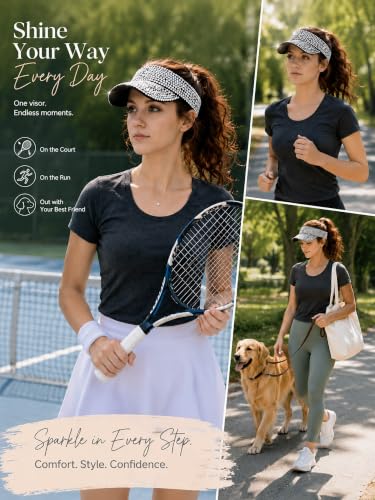 Women Shiny Rhinestone Bling Sun Visor Adjustable Tennis Beach Ponytail Hat - color: Black Hat+white Rhinestone