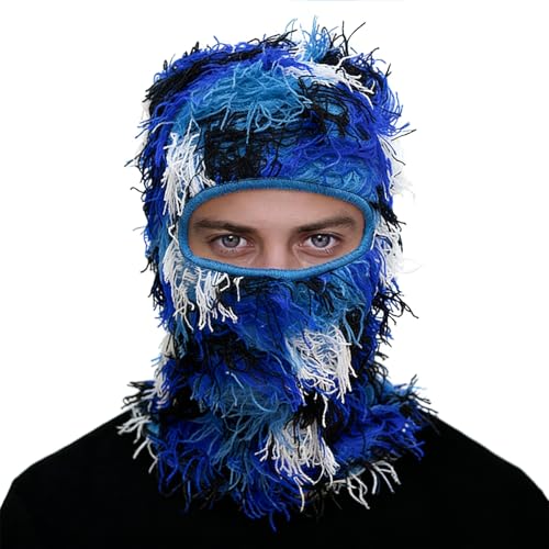Distressed Ski Mask Balaclava, Yeat Shiesty Knitted Full-Face Mask - color: Bluewhite