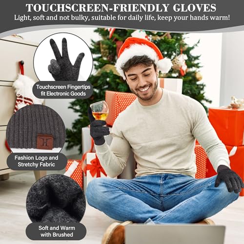 FZ FANTASTIC ZONE Mens Winter Beanie Hat and Scarf Touchscreen Gloves Sets - color: Dark Grey & Black