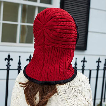 HUAMULAN Women Winter Knit Balaclava Fleece Lined Hooded Beanie Hats - color: Red, size: One Size
